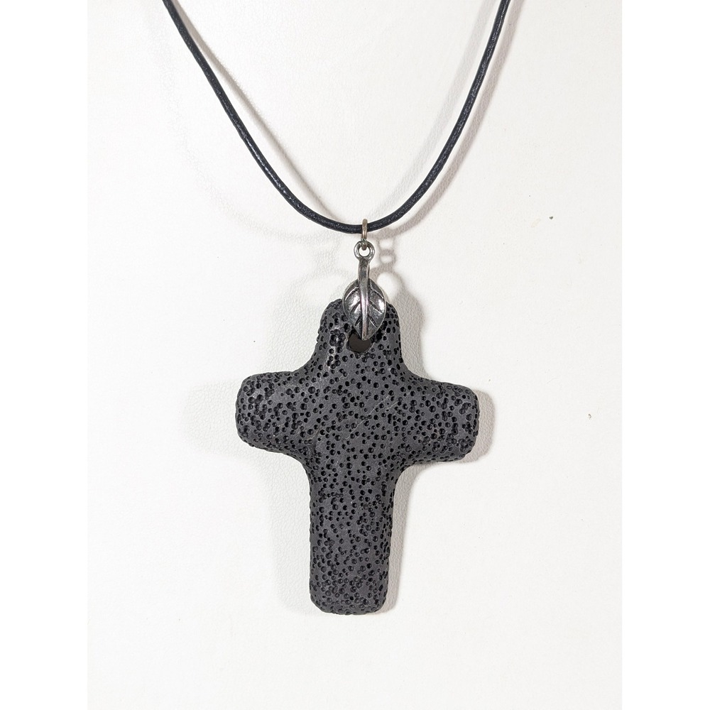Black Lava Stone Cross Pendant Leather Cord Necklace 19 Inch Gothic